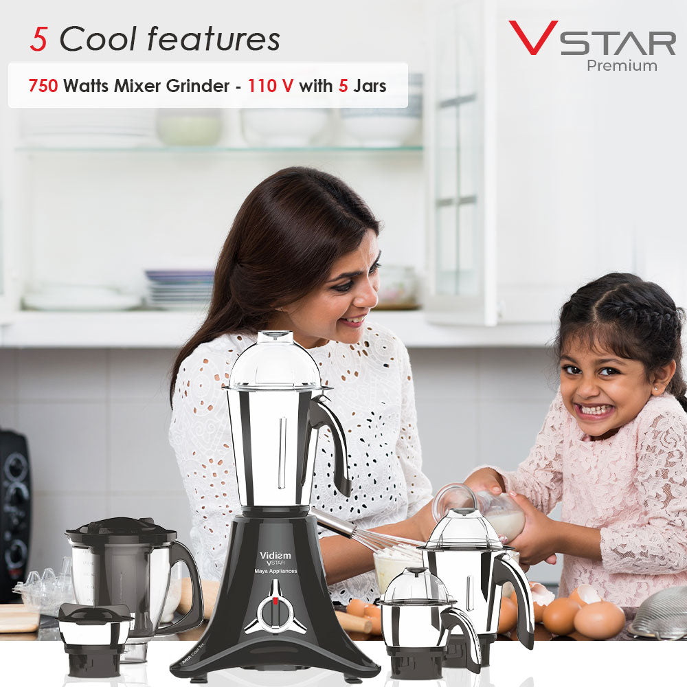 Vidiem Vstar Premium 750 Watts Mixer Grinder with UL Certified Motor – 110V with 5 Jars
